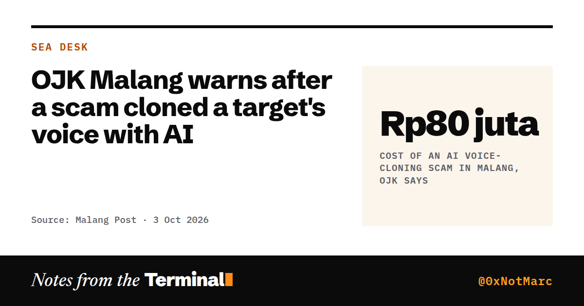 OJK Malang warns after a scam cloned a target's voice with AI. Rp80 juta cost of an AI voice-cloning scam in Malang, OJK says