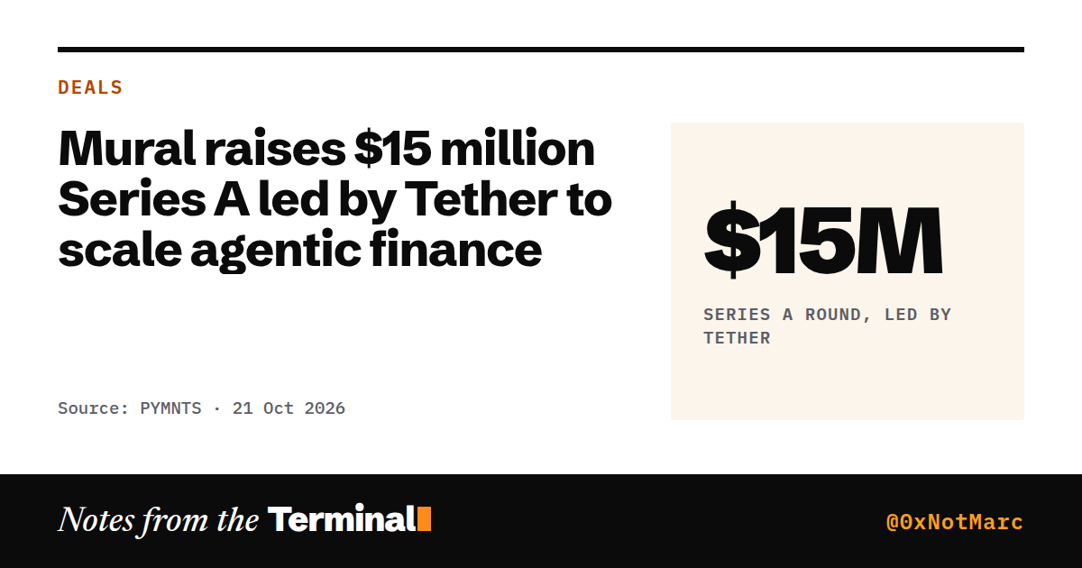 Mural raises $15 million Series A led by Tether to scale agentic finance. $15M Series A round, led by Tether
