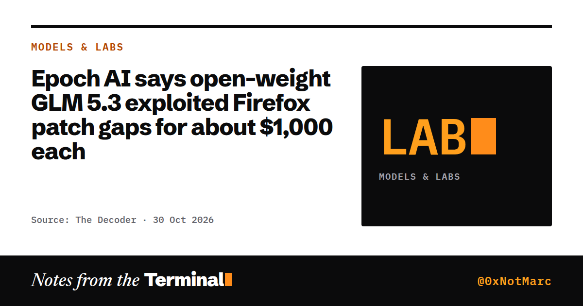 Epoch AI says open-weight GLM 5.3 exploited Firefox patch gaps for about $1,000 each